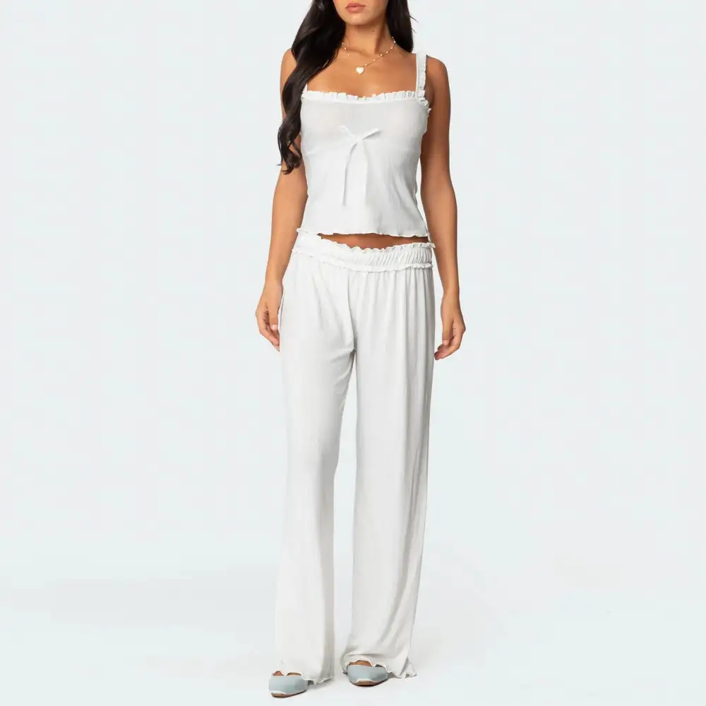 Applique Bow Frill Trim Crop Top and Long Pants Lounge Set