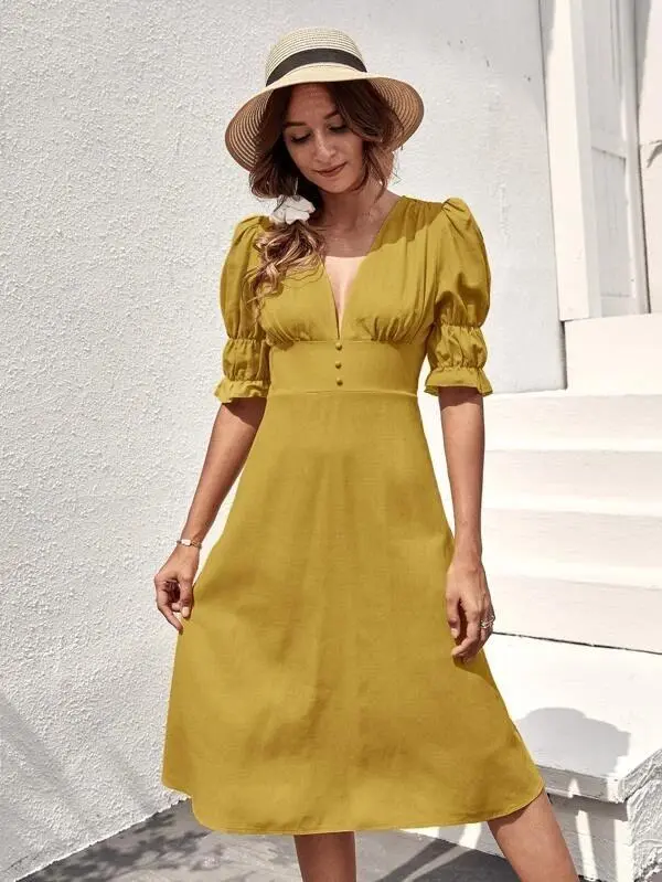 Women Ruffle Cuff Button Front Dress