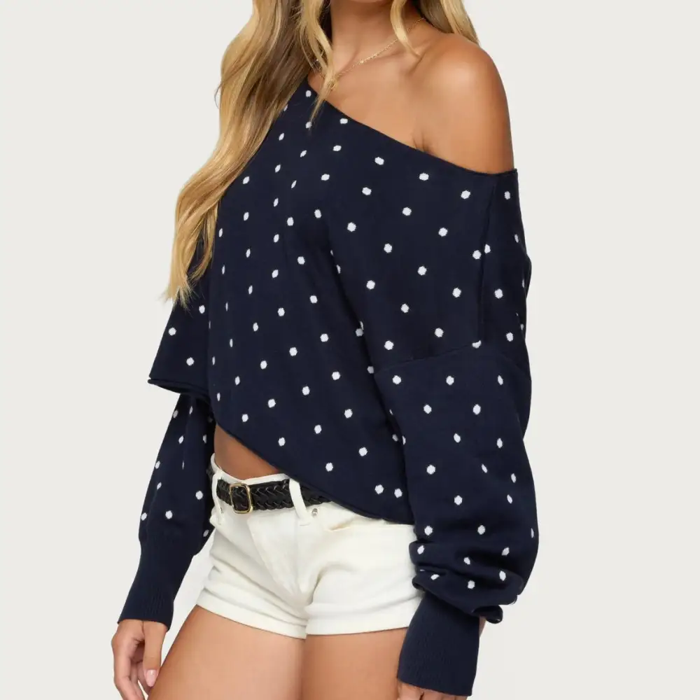 Polka Dot One-Shoulder Sweatshirt