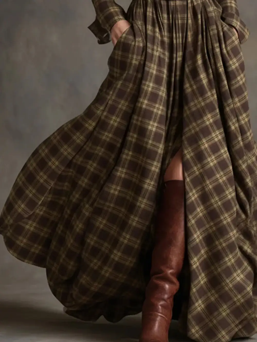 Smooth Finish Plaid Button Front Maxi Dress