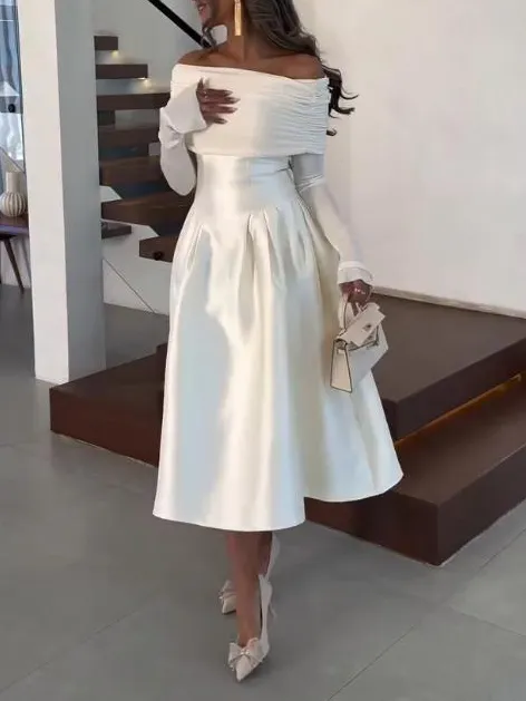 Elegant Off Shoulder Satin Midi Dress