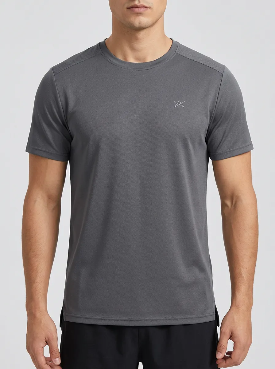 Men's Geometric-Emblem Athletic Textured Contrast-Panel Active Sport Crewneck T-Shirt