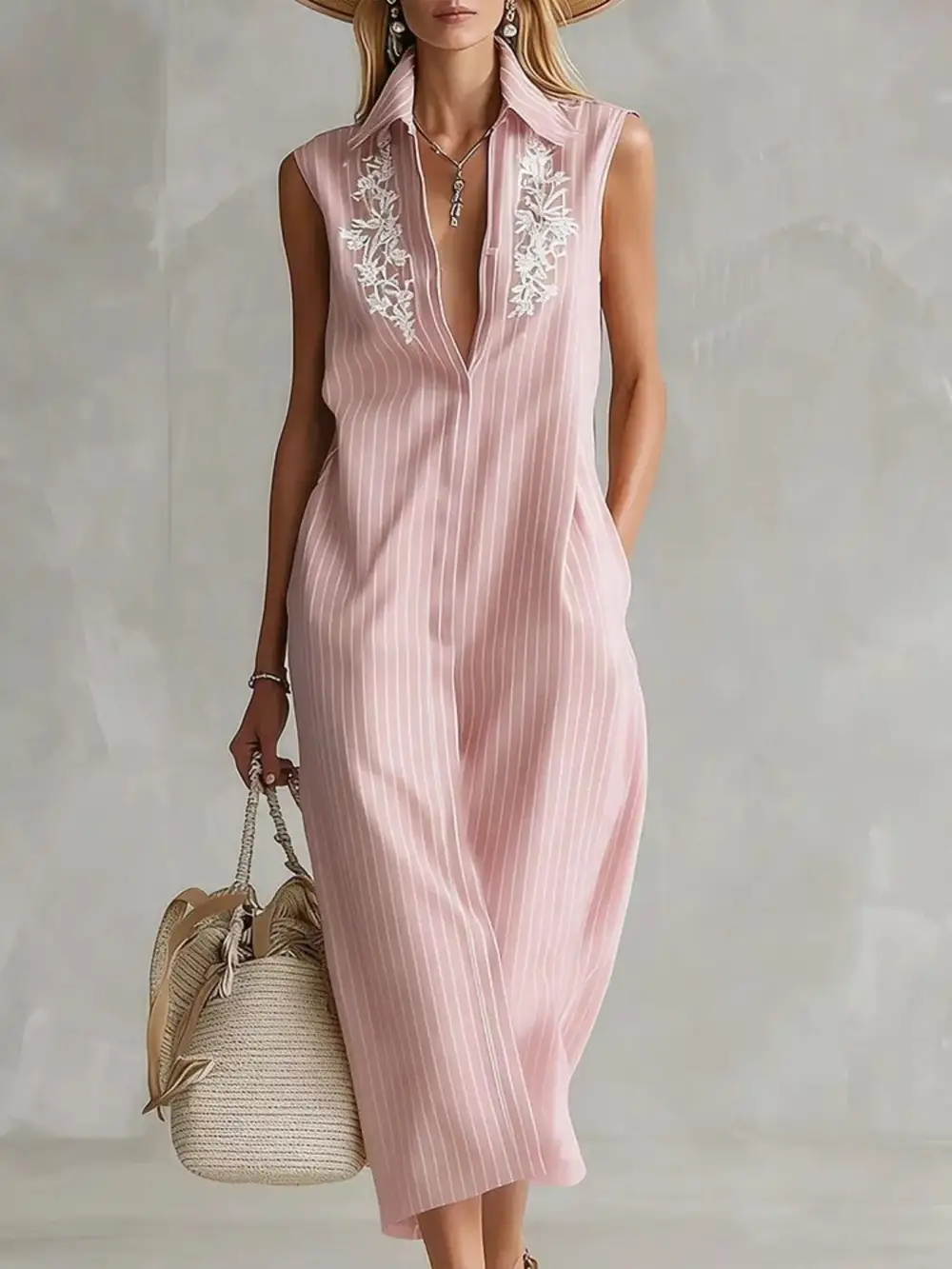 Striped Sleeveless Collared Neck Shirt Dress