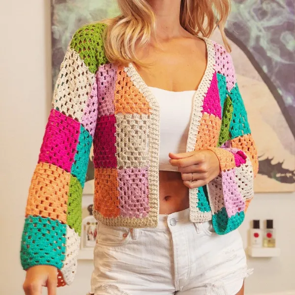 Open Front Checkered Cardigan