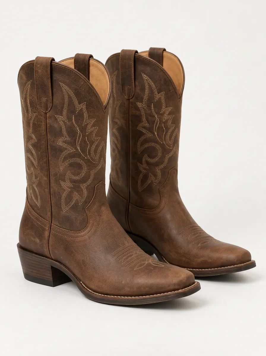 Unisex Brown Western Boots with Stitched Print Accents