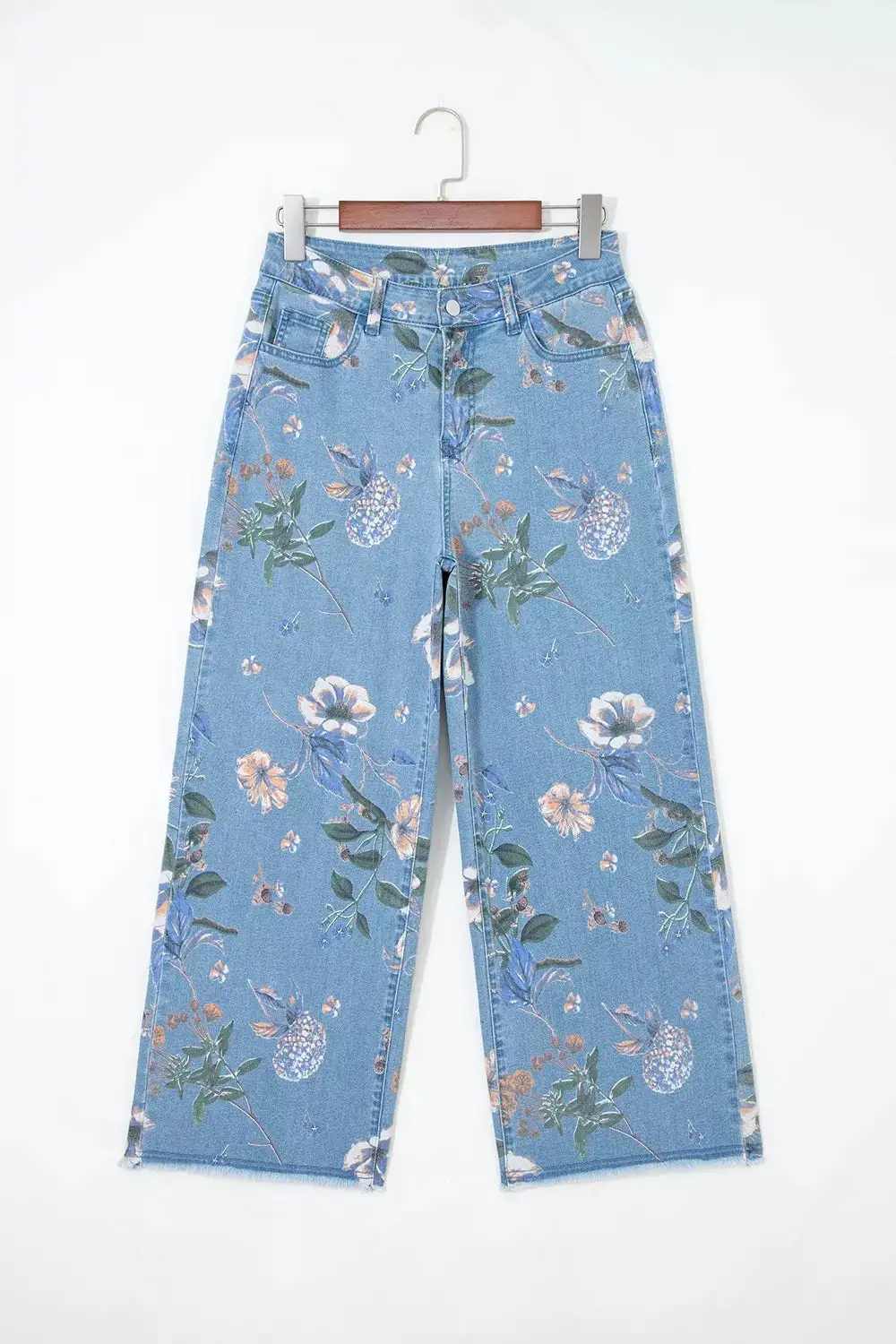 Floral Print Raw Hem Wide Leg Jeans