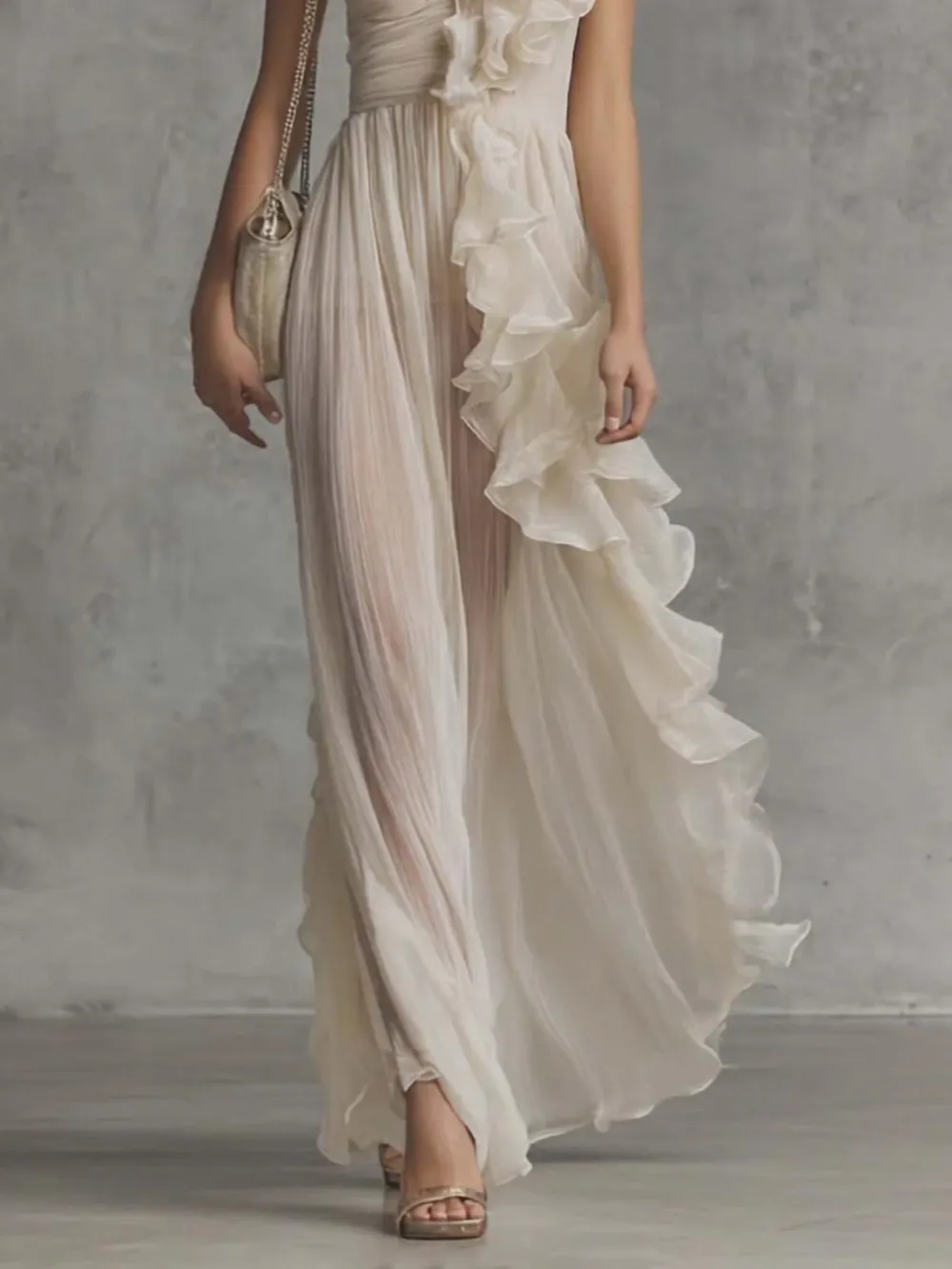One Shoulder Ruffle Chiffon Maxi Dress