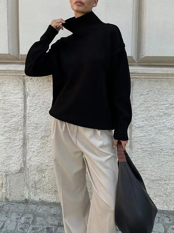 Paneled High Neck Long Sleeve Relaxed Fit Easy Fit Pullover Sweater
