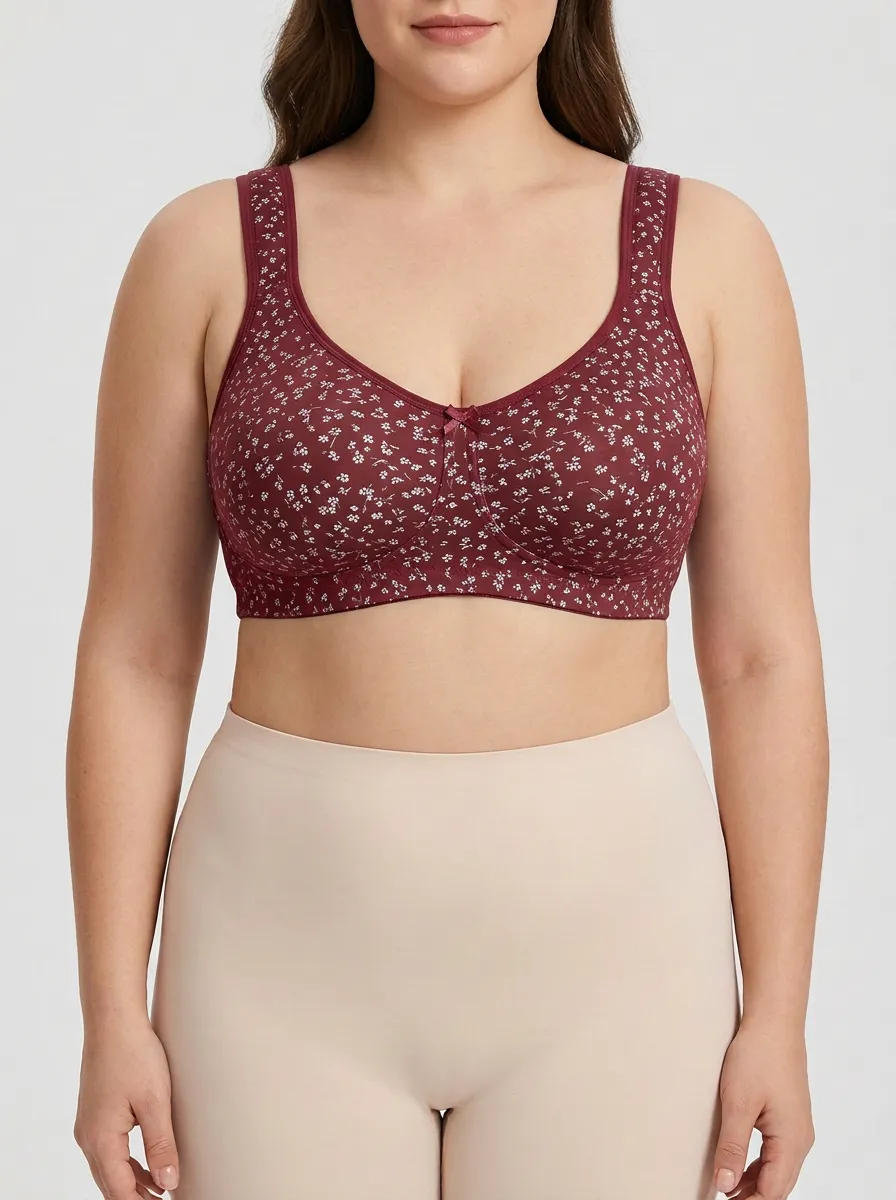 Women's Plus Size Sage Green Floral Full-Coverage Scoop-Neck Wireless Bra
