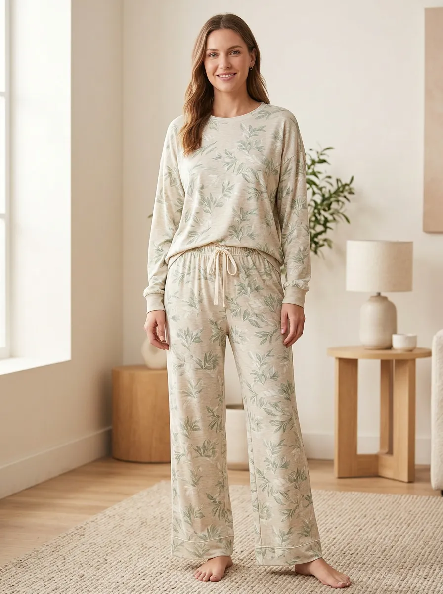 Women's Printed Pajama Set with Botanical Leaf Crew Neck Long Sleeve Short Sleeve Matching Shorts