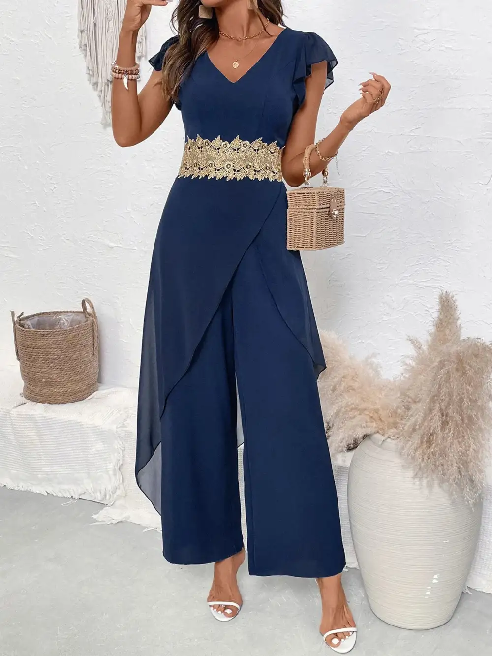 V Neck Wide Leg Jumpsuit