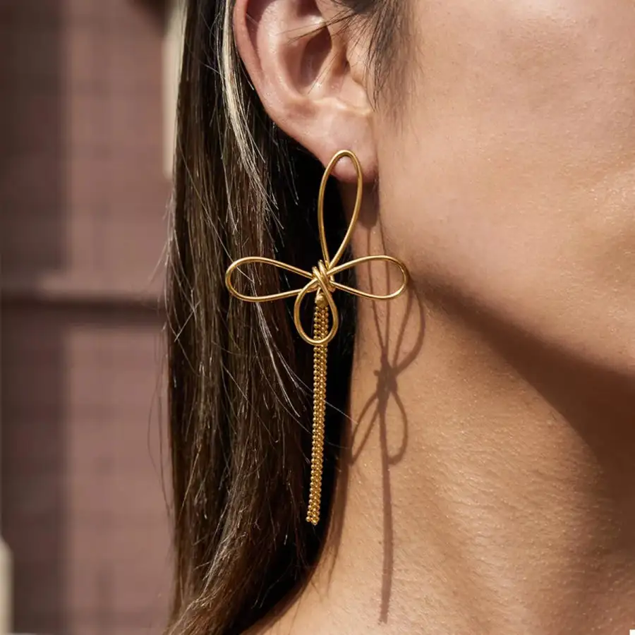 K Gold Plated Tassel Bow Earrings