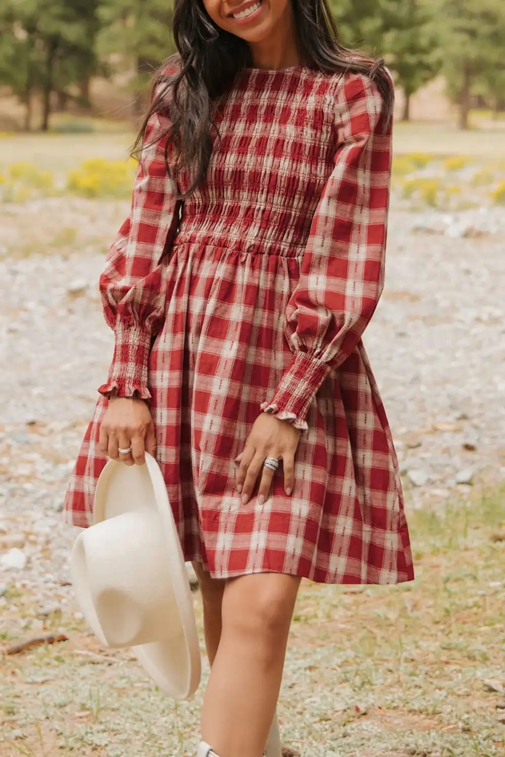 Plaid Print Smocked Puff Sleeve Mini Dress