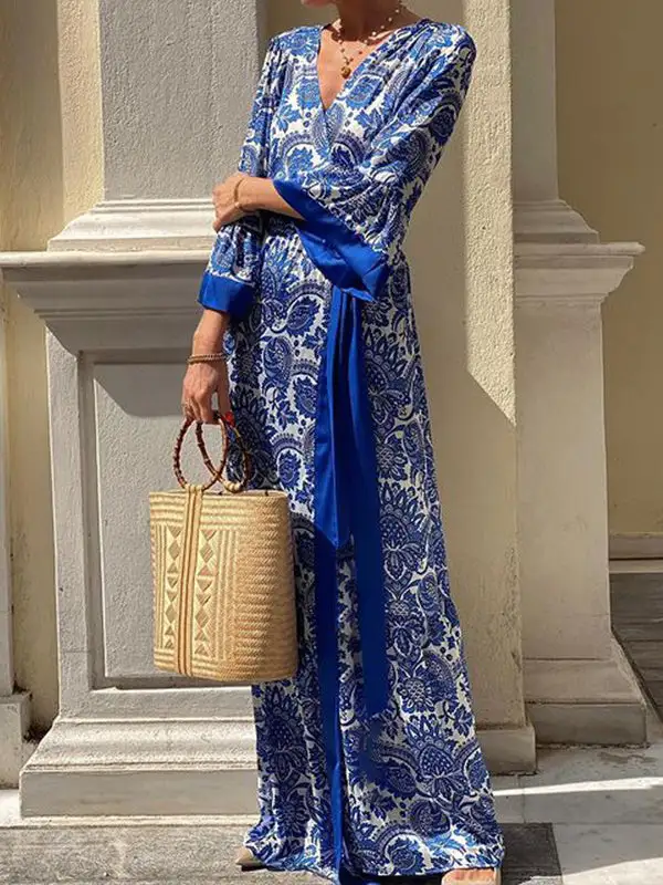 Flared Pleated Printed Neck Maxi Dress