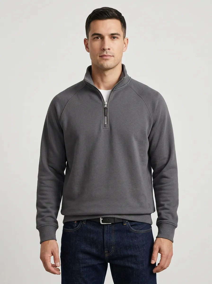 Men's Classic Minimalist Textured Raglan Embroidered Stand-Collar Quarter-Zip Sweatshirt