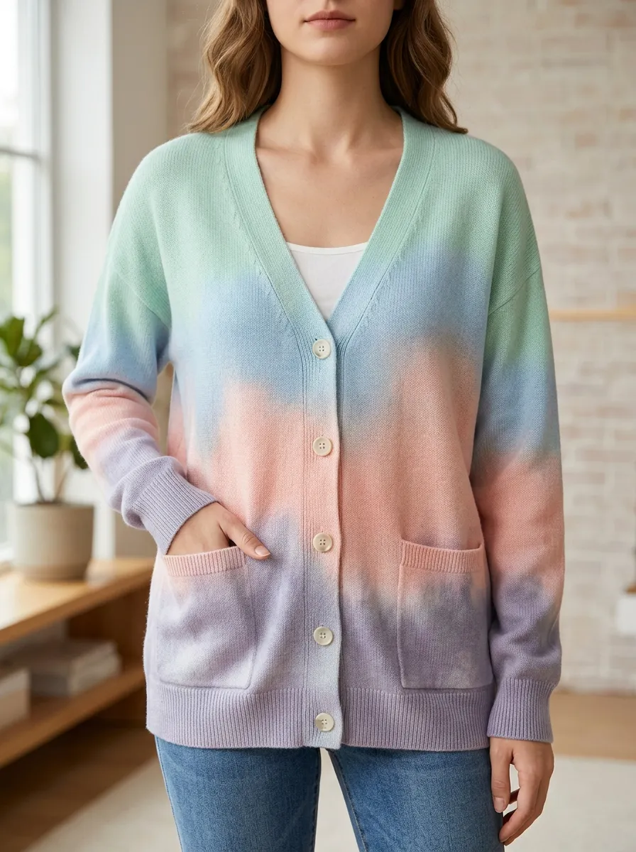 Women's Pastel Tie-Dye Printed Ribbed Trim Weekend Layering Cardigan