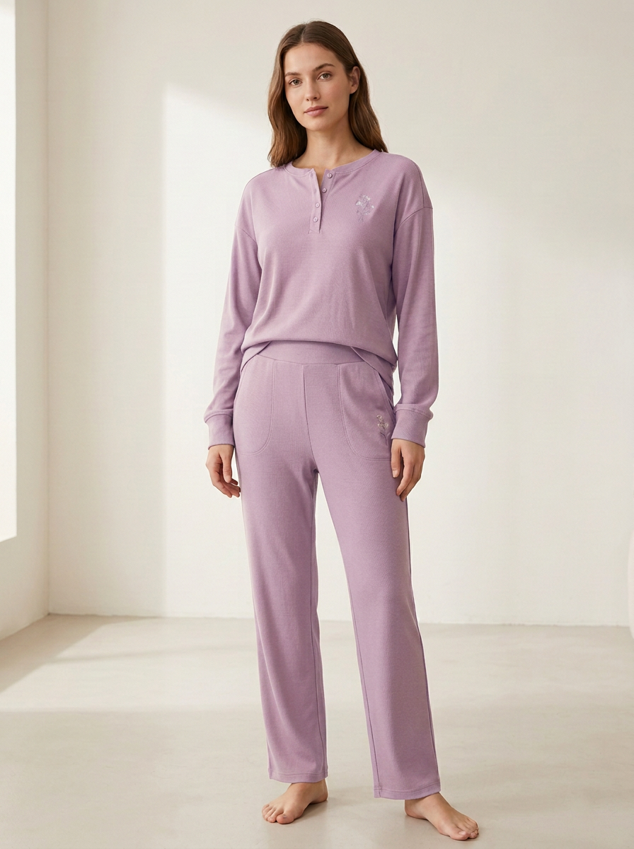Women's Floral-Embroidered Henley Straight-Leg Lounge Set