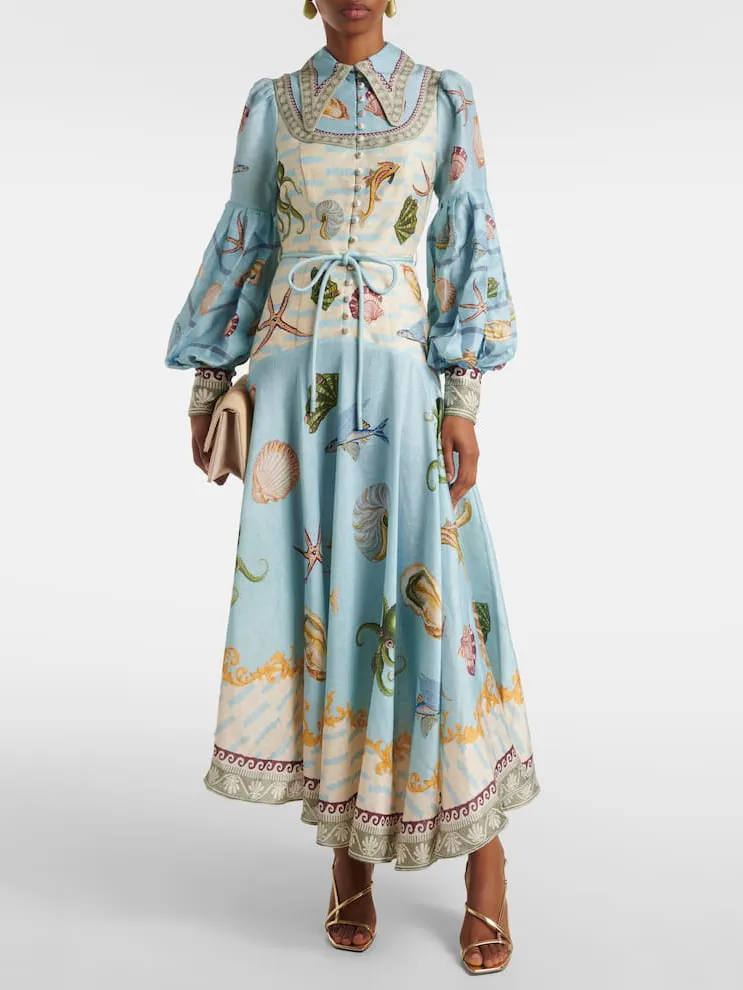 Deep Sea Floral Print Single Breasted Midi Dress