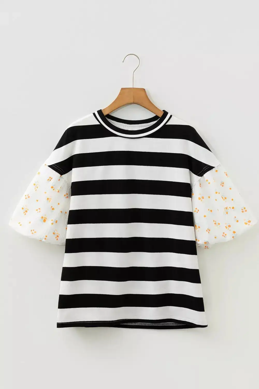 Stripe Floral Print Puff Sleeve Patchwork Blouse