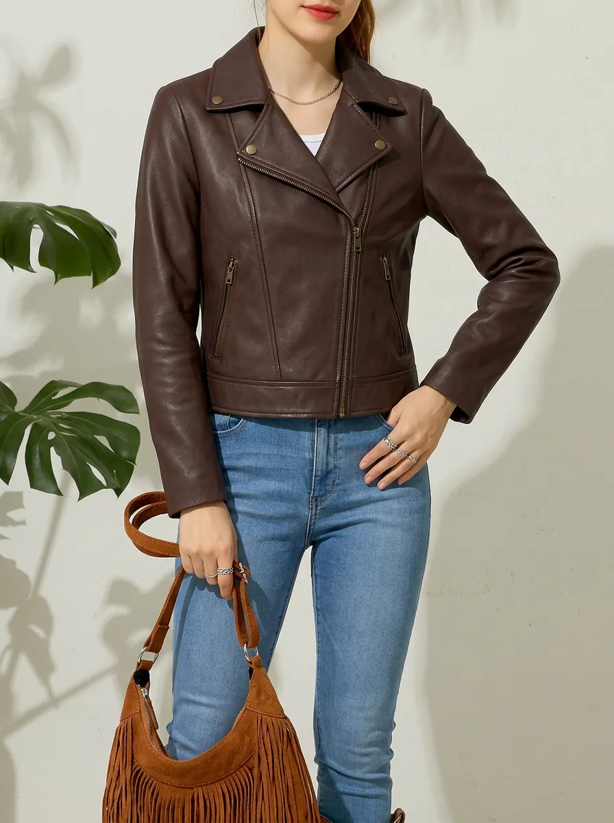 Women's Brown Faux Leather Biker Zipper Jacket