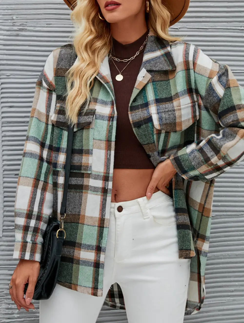 Long Sleeve Cardigan Collared Loose Plaid Wool Shirt