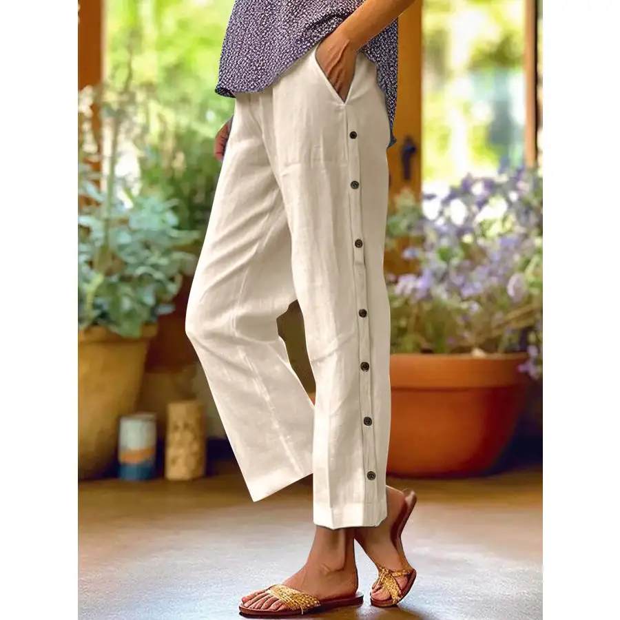 Full Size Side Decor Button Casual Wide Leg Pants Plus Size