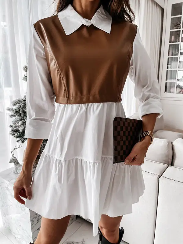Long Sleeve Relaxed Contrast Color Pleated Split Joint Lapel Mini Dress