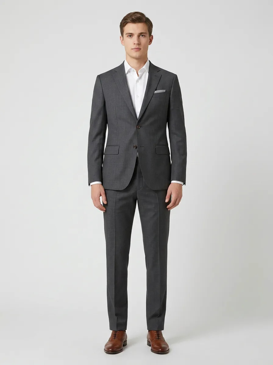 Men's Notched Lapel Formal Business Charcoal Grey Solid Tailored Suit