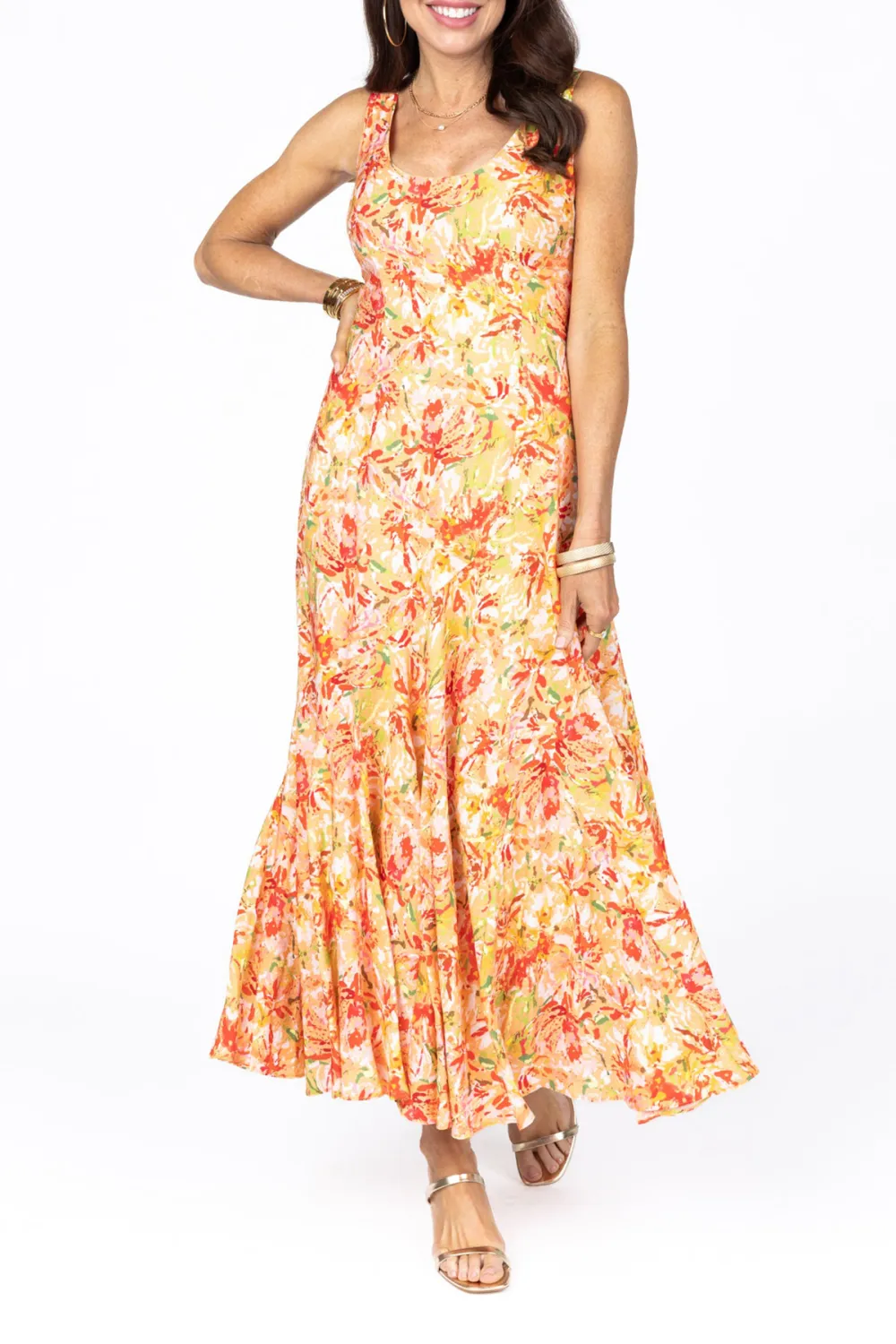 Orange Floral Print Sleeveless Maxi Dress