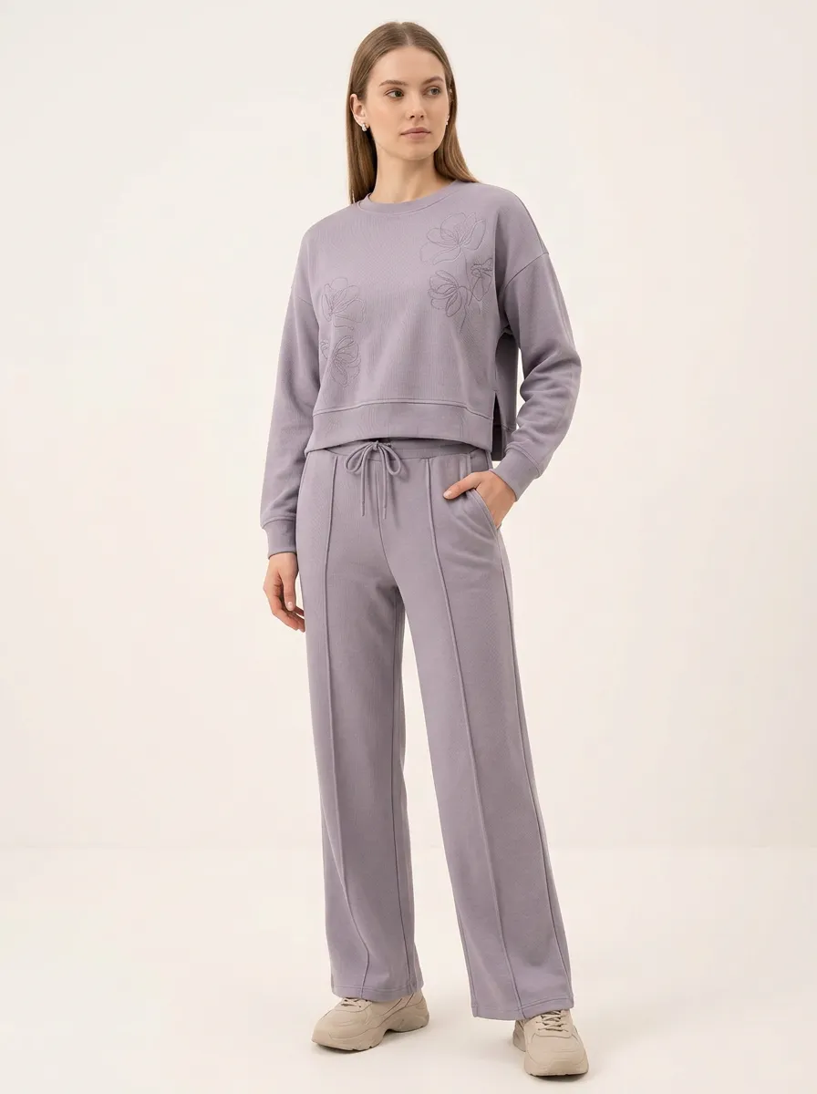 Women's Casual Floral Embroidered Purple Printed Lounge Set