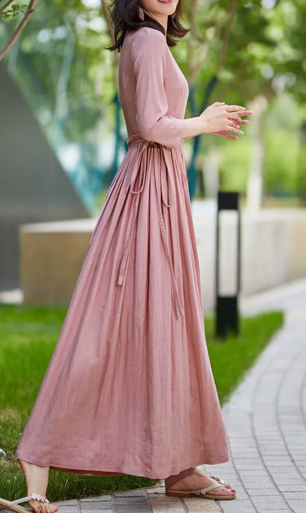Refined Linen Cotton Fit And Flare Ruffle Maxi Dress