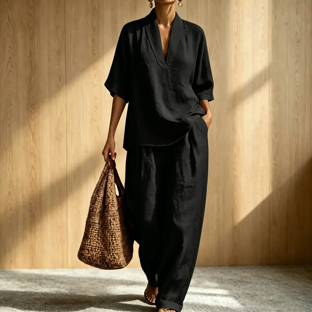 2026 New Relaxed Henley Top and Wide-Leg Pants Co-Ord Set