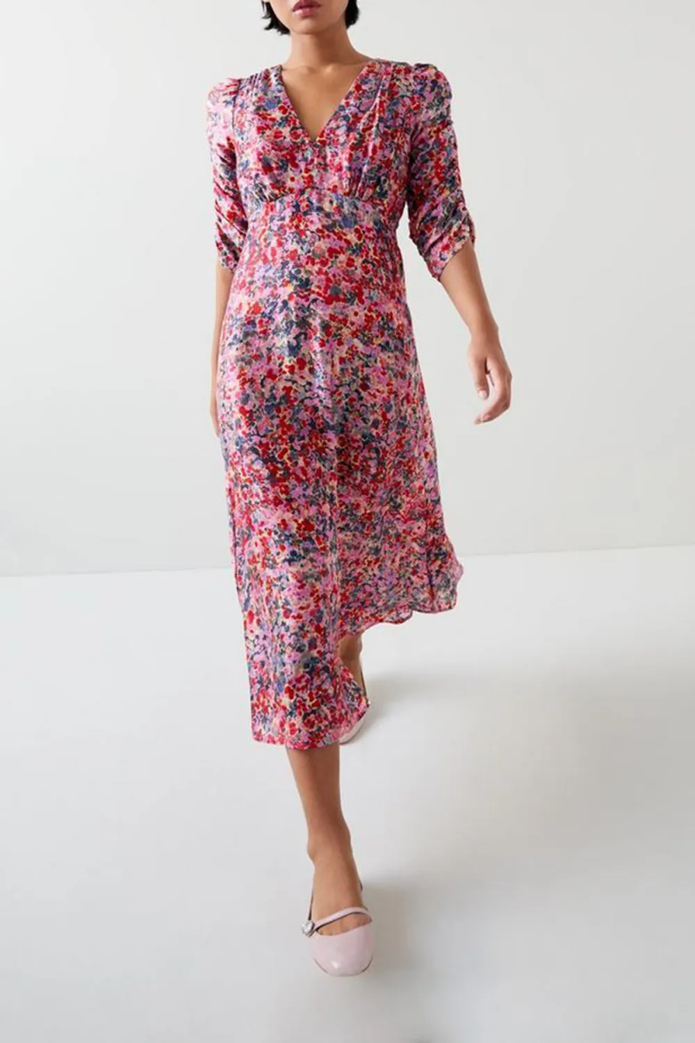 Pink Floral Print V Neck Midi Dress