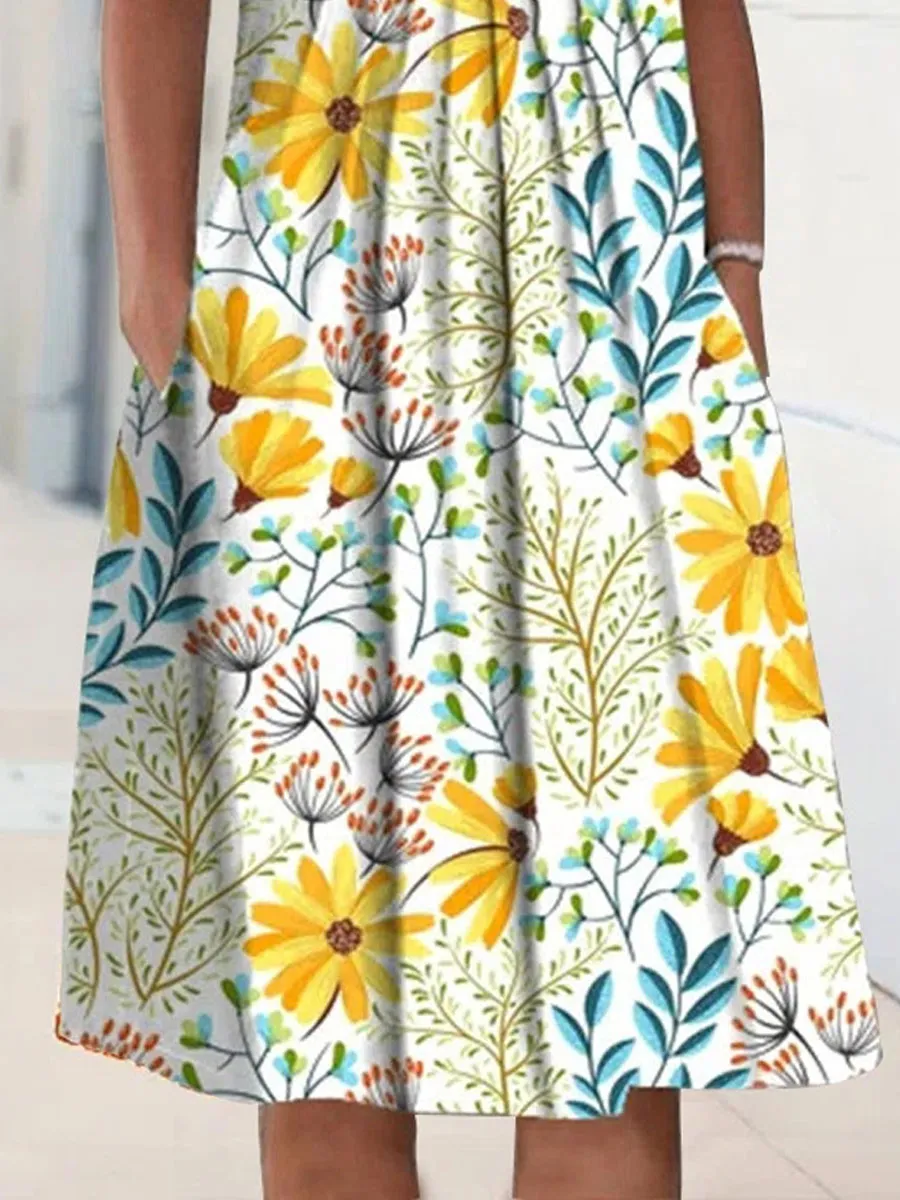 Round Neck Casual Floral Print Summer Short Sleeve Midi Dress
