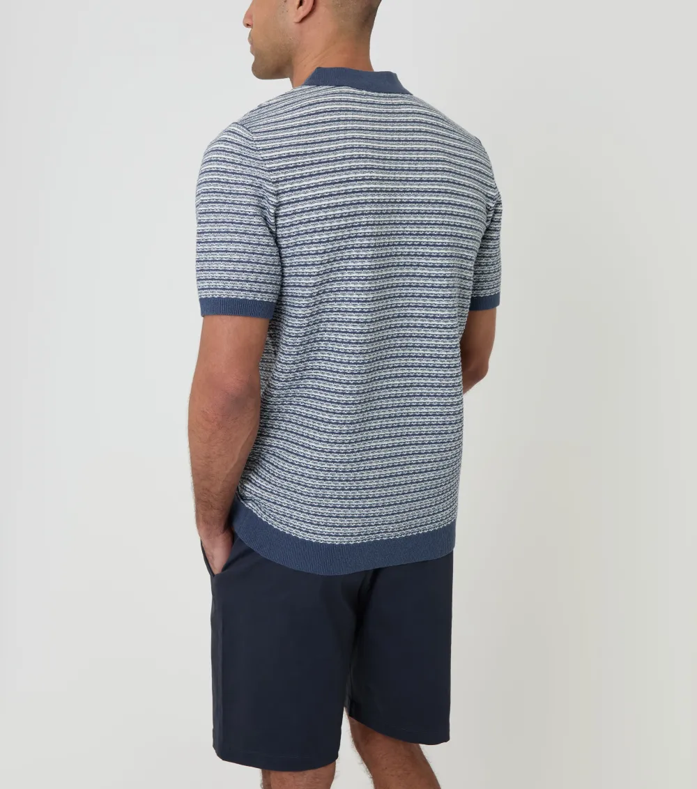 Men's Denim Blue Textured Stripe Knitted Polo