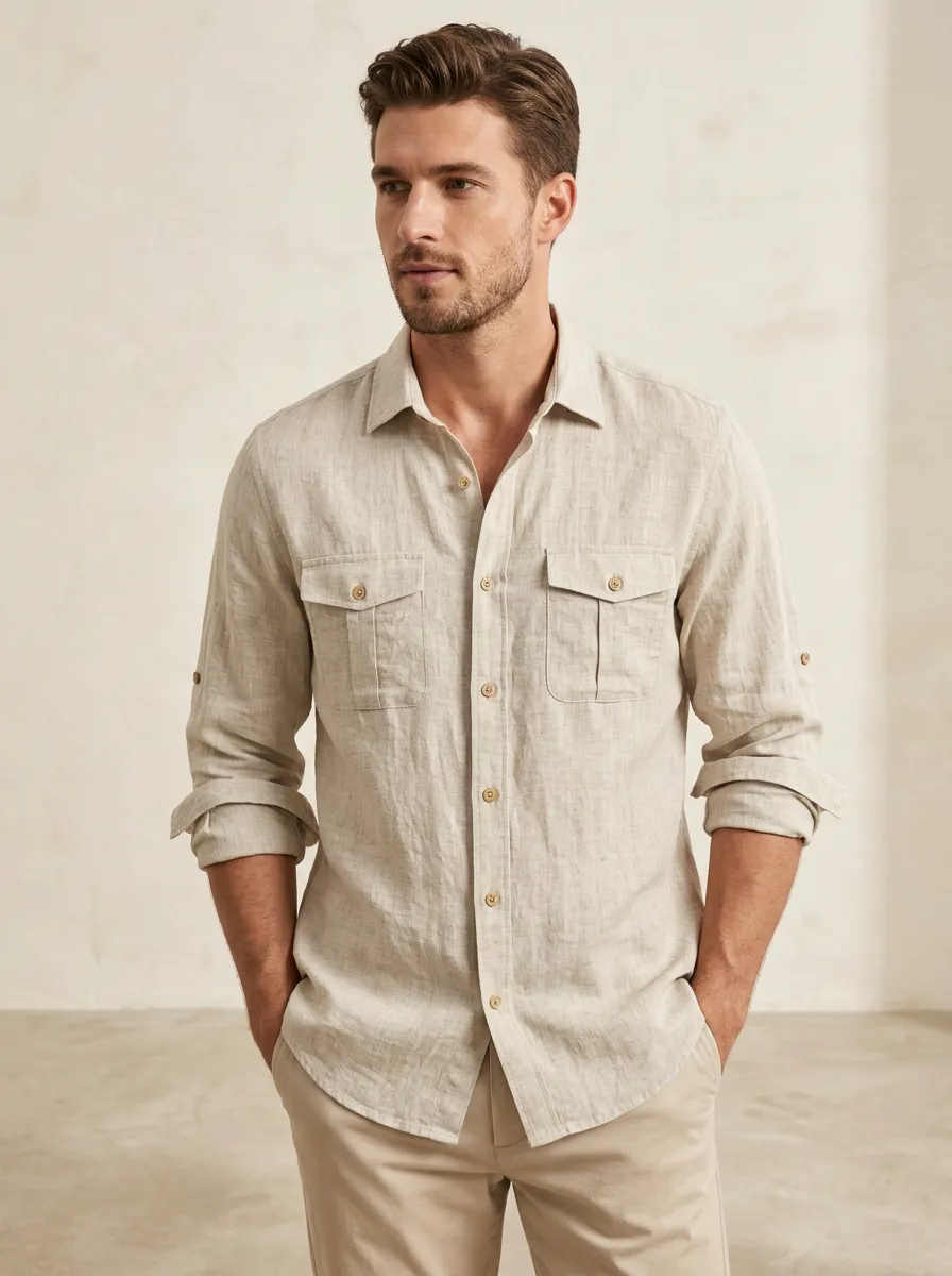 Men's Beige Utility Pocket Button-Down Shirt