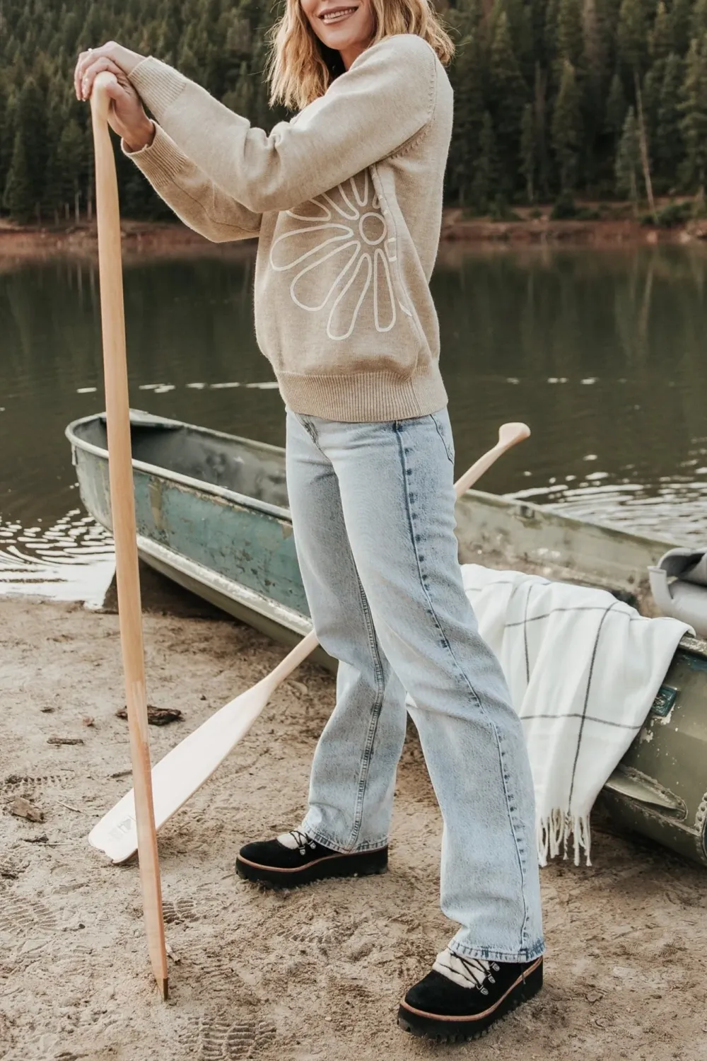 Classic Daily Leisure Embroidery Print Natural Top