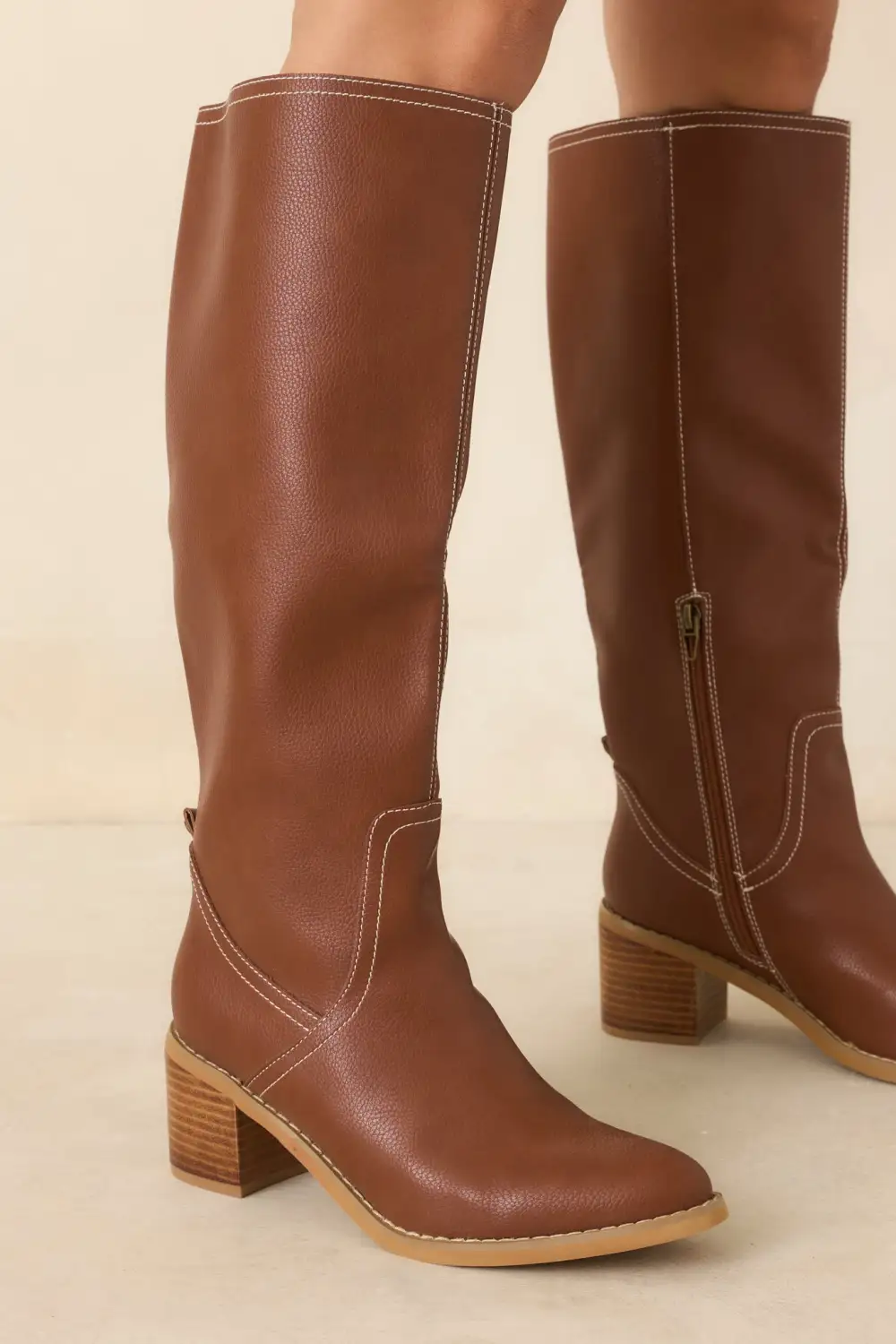 Faux Leather Almond Toe Block Heel Textured Knee High Boots