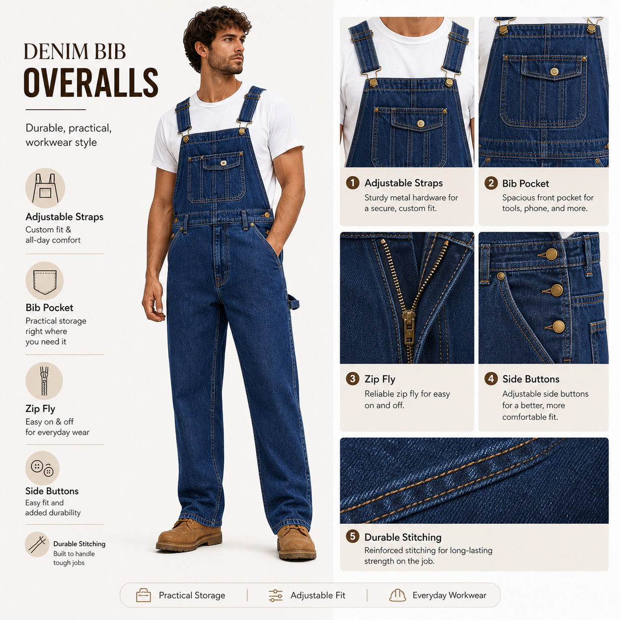 Men's Denim Bib Overalls Regular Fit Workwear product detail breakdown