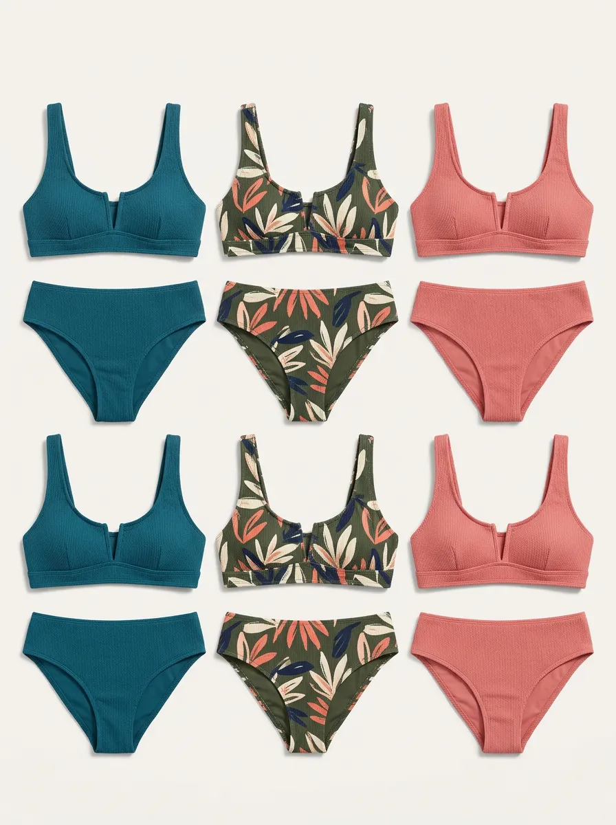 Women's Tropical Leaf Ribbed Printed Six Piece Bikini Set