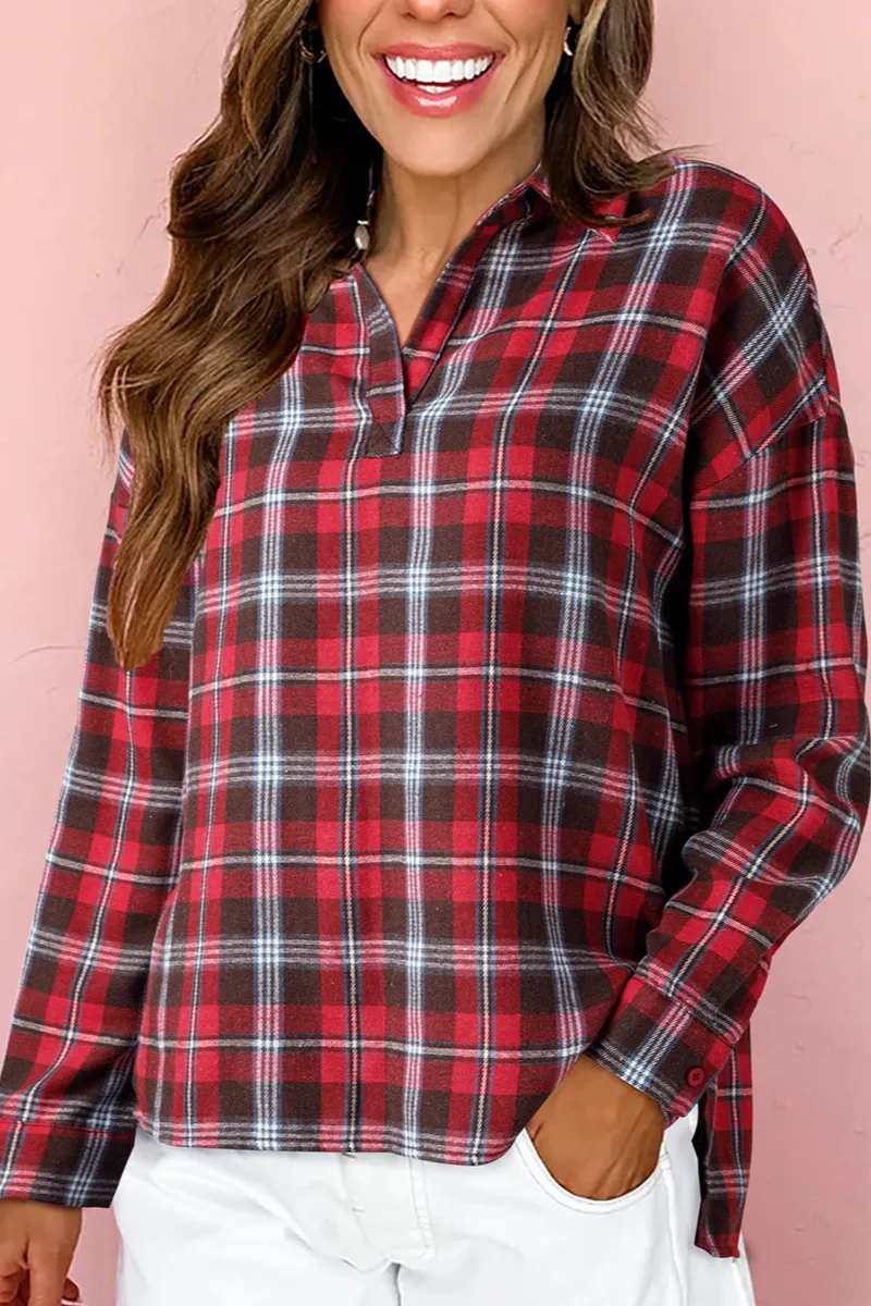Plaid V-Neck Collared Blouse