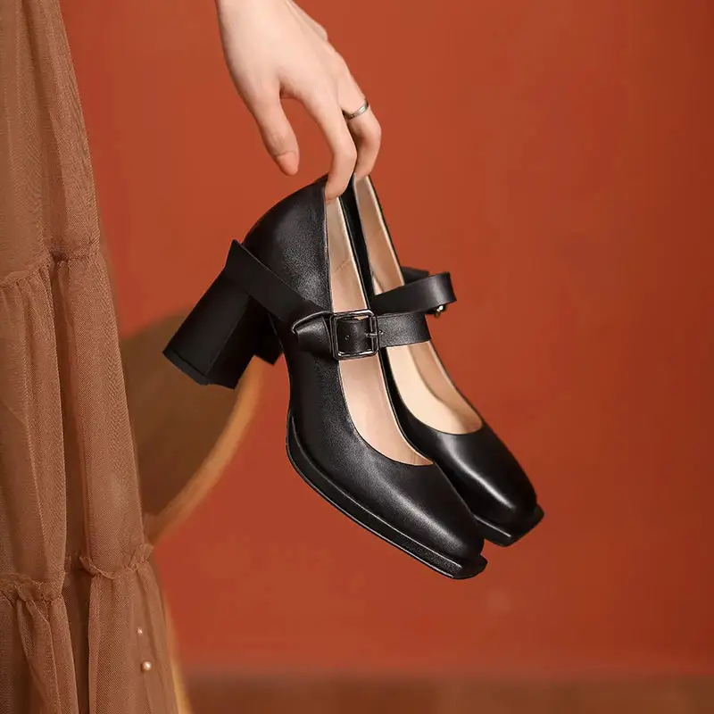Round Toe Lace Up Buckle Strap Chunky Heel Pumps