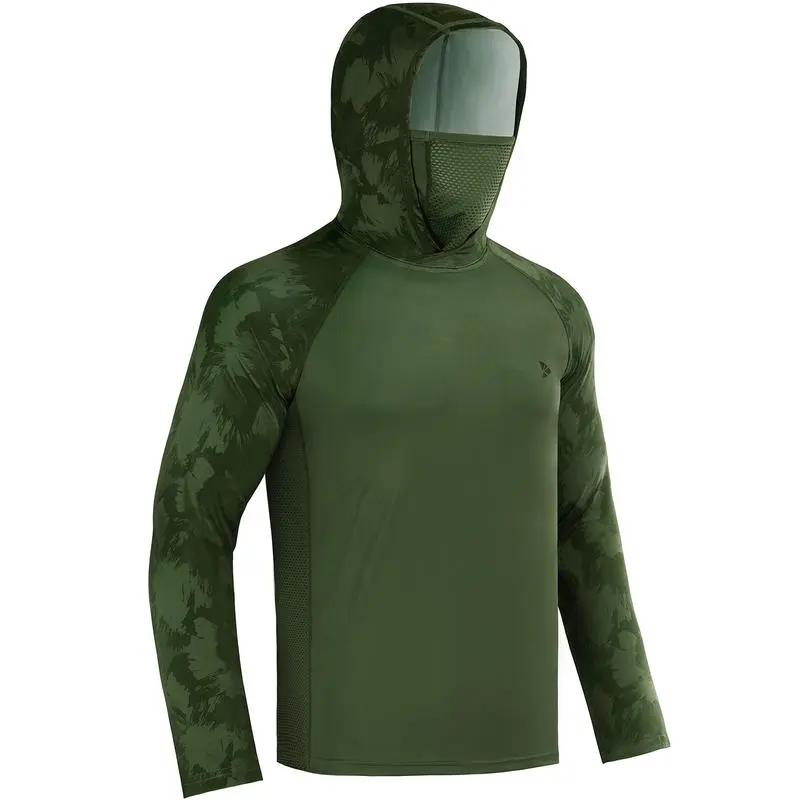 Men UPF 50+ UV Sun Hoodie Shirts with Mask Neck Gaiter  Protection Raglan Long Sleeve Lightweight Quick Dry Moisture Wicking Breathable Cooling Athletic Activewear