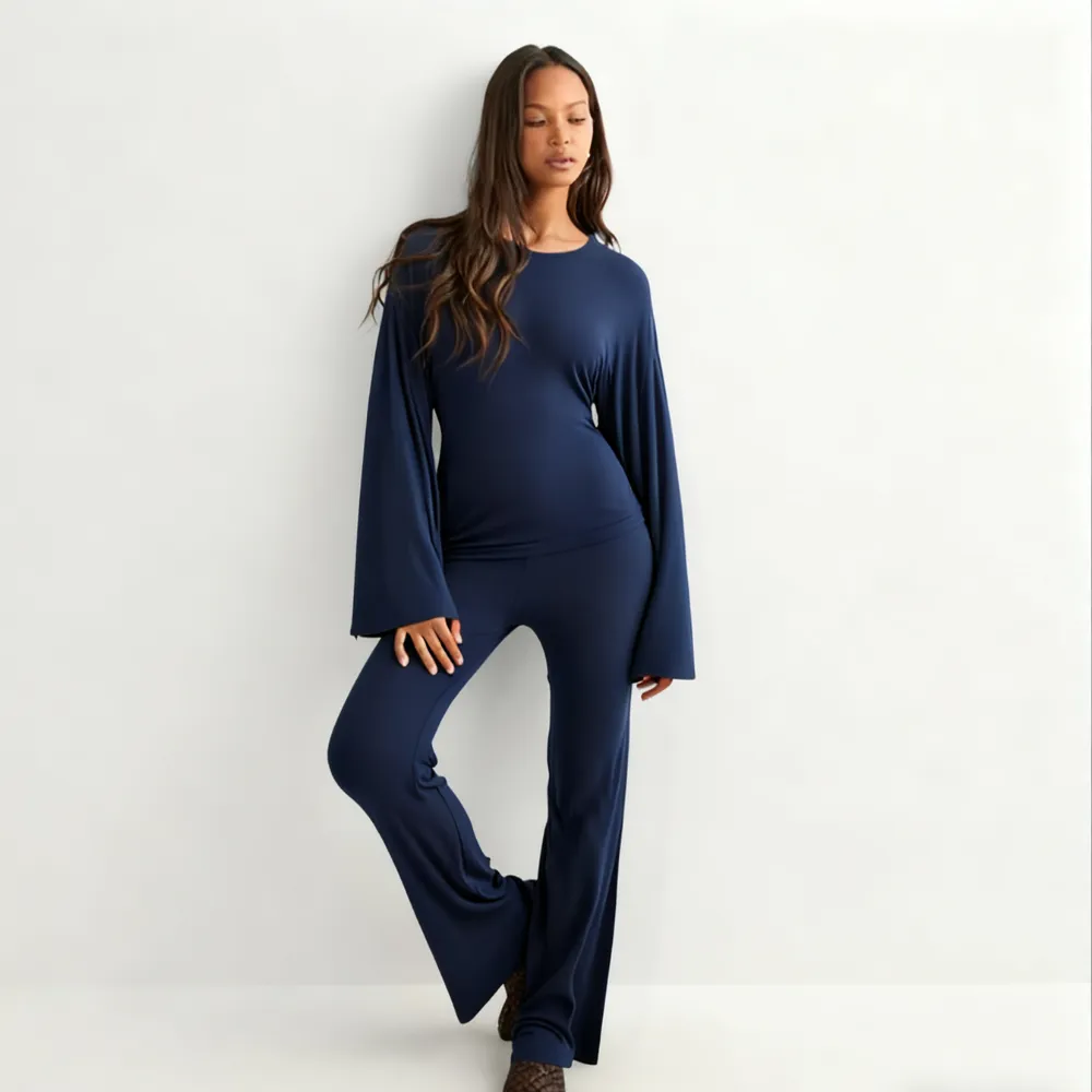 Women's Fall New Round Neck Flare Long Sleeve Top & Elastic Waist Straight Leg Pants Set