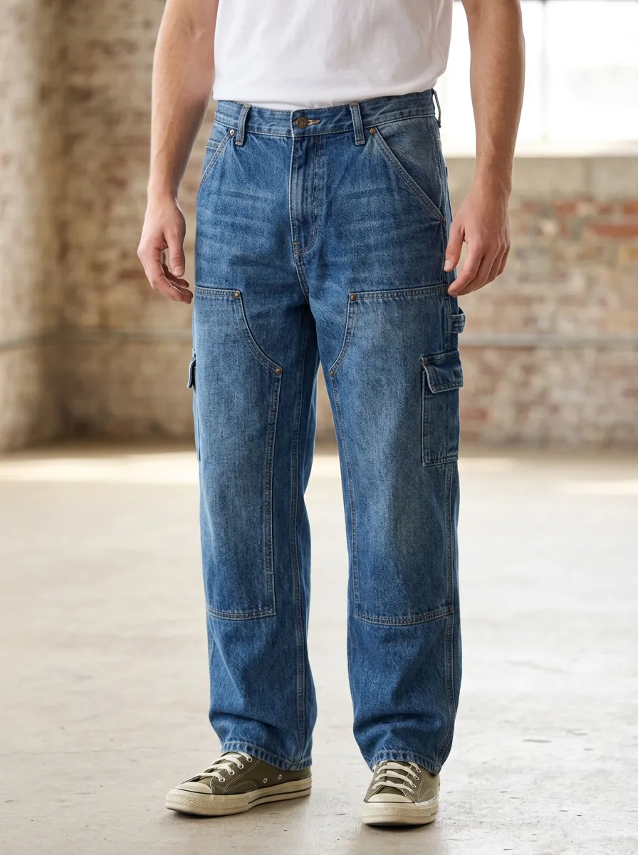 Men's Vintage Wash Utility Cargo Denim Jeans