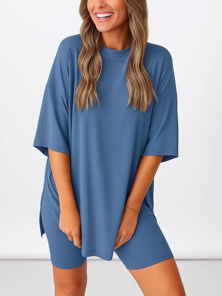 Women'S Summer Two-Piece Set 2025 Casual Oversized Shirts Biker Shorts Matching Airport Travel Outfit Split Hem Lounge