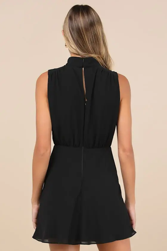 Classic Elegance Black Chiffon Sleeveless Mock Neck Mini Dress