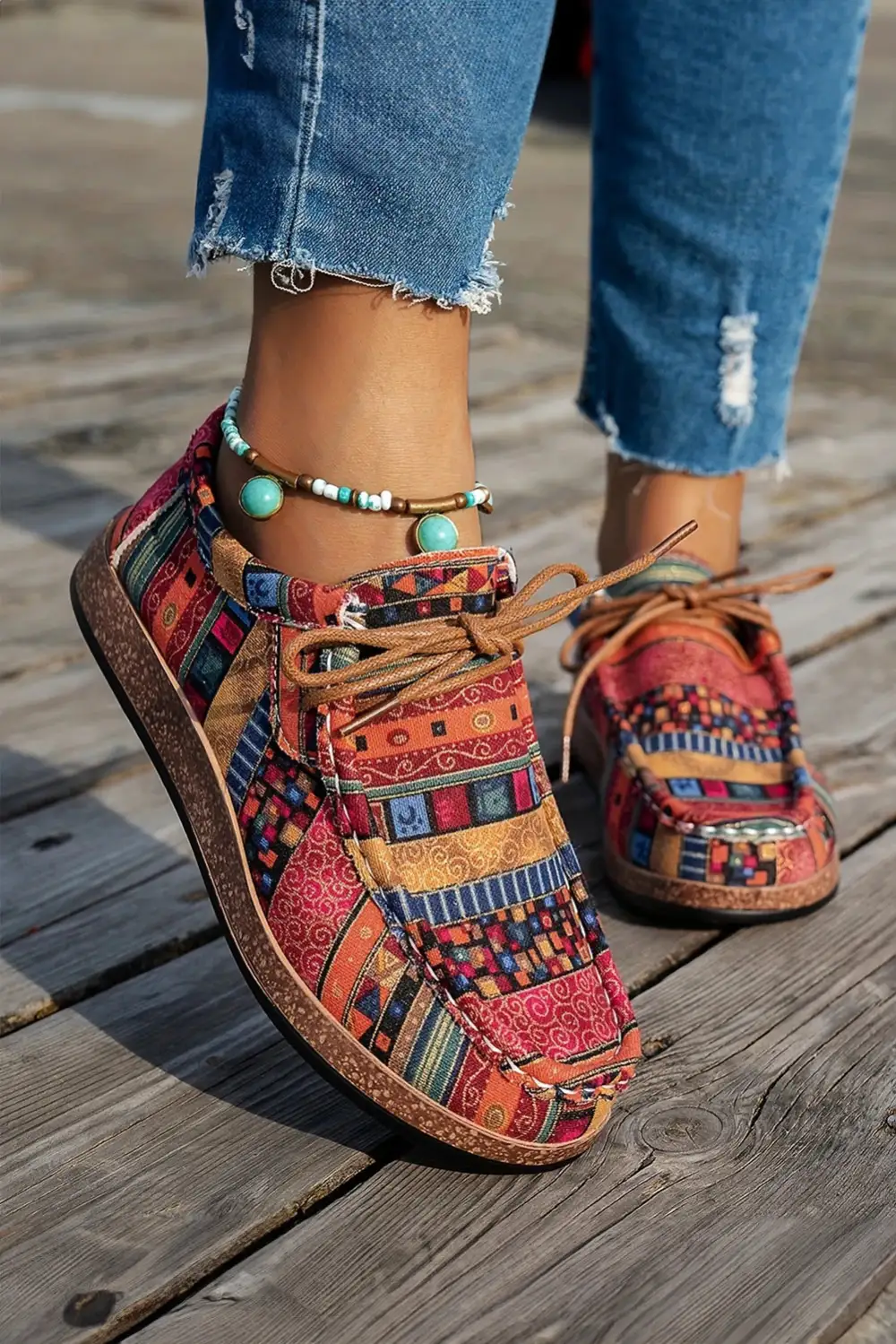 Western Print Faux Suede Lace-Up Slip-On Sneakers
