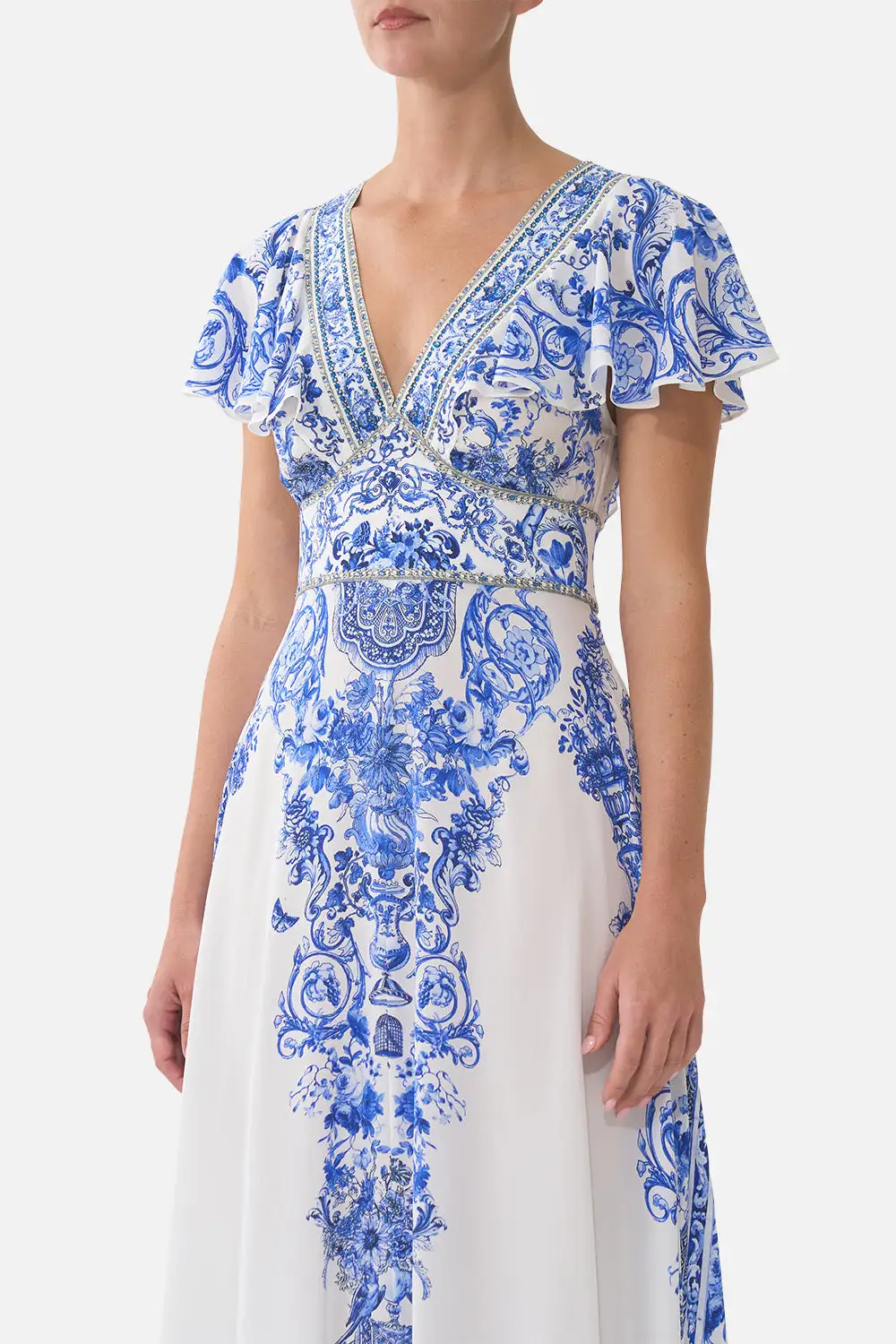 Waisted Midi Dress with Flutter Sleeve