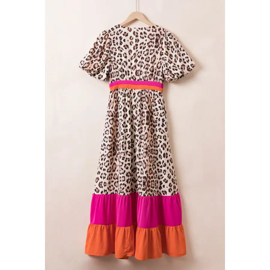 Full Size Leopard V Neck Half Sleeve Maxi Dress